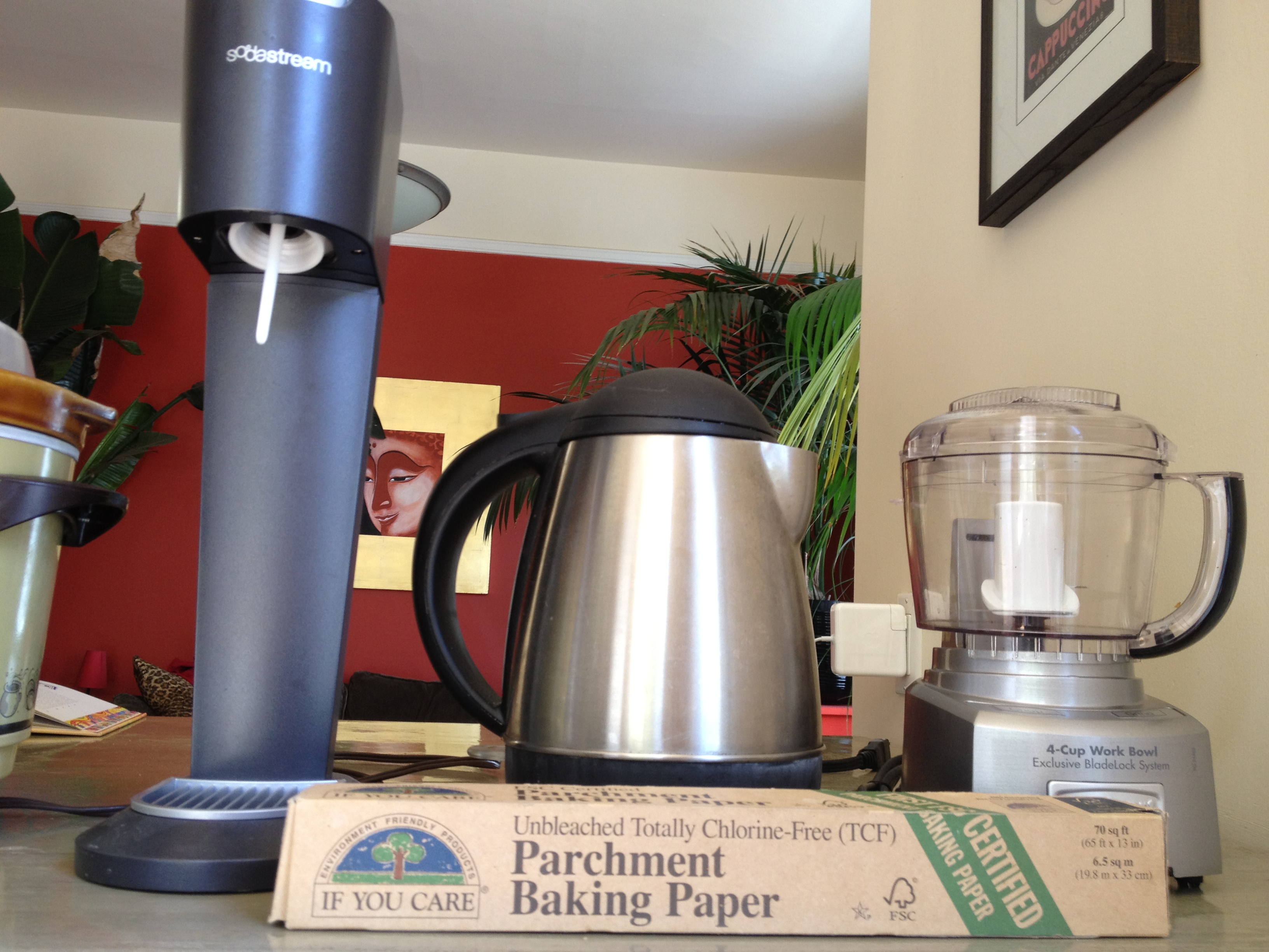 Soda stream, electric kettle, food processor, parchment paper